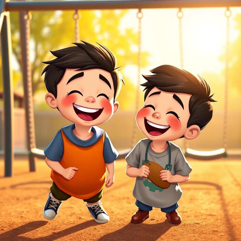 Tommy and Jake, two boys laughing and playing together at the playground, with swings in the background, golden sunlight shining, joyful expressions, playful, bright and cheerful, engaging illustration
