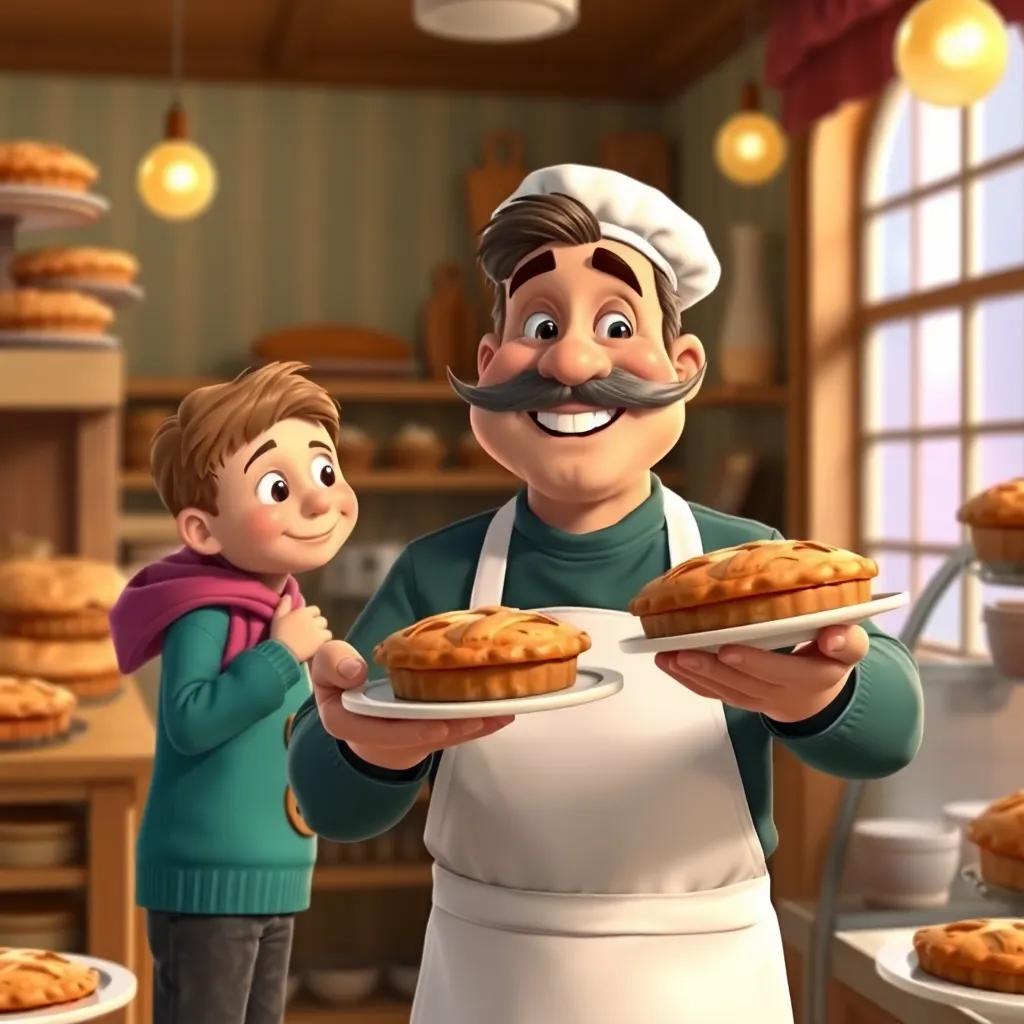 Mr. Baker, a jolly man with a mustache, wearing a white apron, showing Tommy the baked pies in his cozy bakery, warm colors, sweet delightful atmosphere, inviting scene, high quality