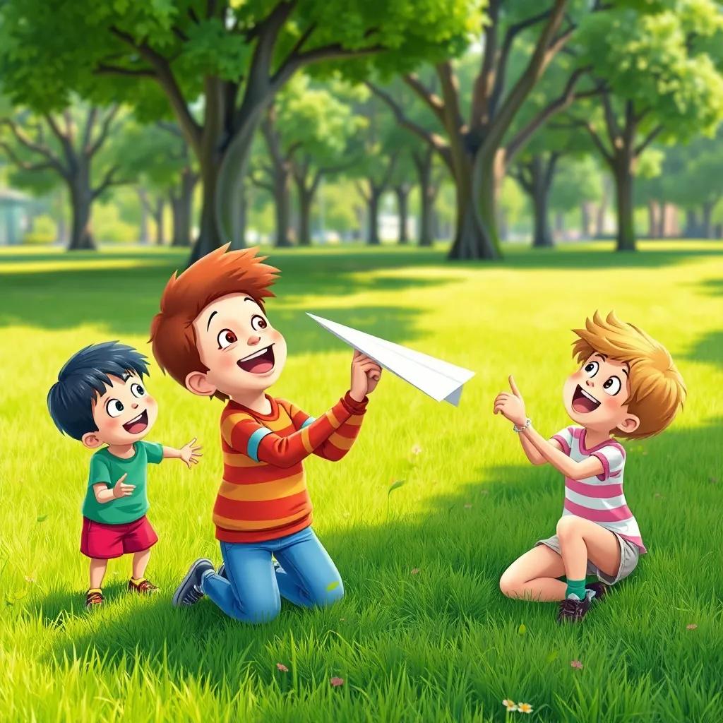 Children playing with the paper airplane in the park, laughing and cheering, bright green grass, trees in the background, happy smiles, lively setting, colorful illustration, engaging