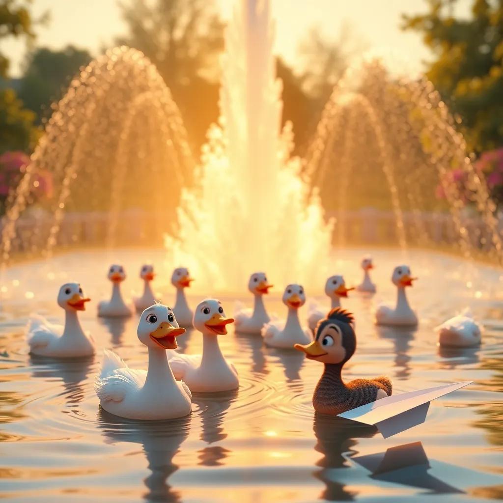 A group of ducks swimming in a fountain, quacking happily, with Tommy and the paper airplane in the foreground, beautiful sunset light, peaceful and cheerful, dreamy atmosphere, warm colors, high quality