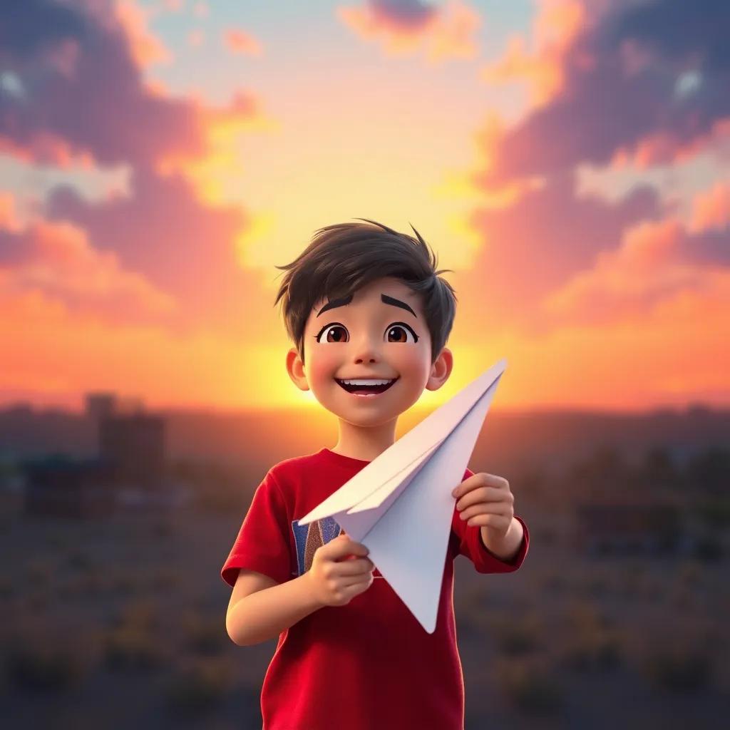 Tommy holding his paper airplane in his hands, looking jubilant, with the evening sun setting behind him, colorful sky, warm light, proud expressions, heartwarming scene, vibrant and lovely