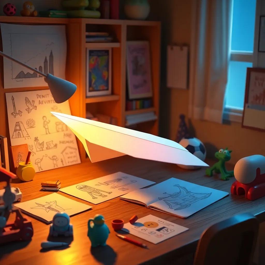 A glowing paper airplane resting on a desk, with drawings of different adventures and characters around it, toys scattered around, warm cozy room, inviting and imaginative, child-friendly, colorful