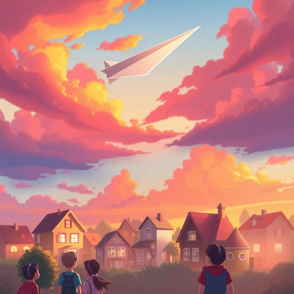 A paper airplane flying above the small town with characters below looking up in awe, vibrant sky and warm sunset colors, joyful atmosphere, whimsical digital art, uplifting scene