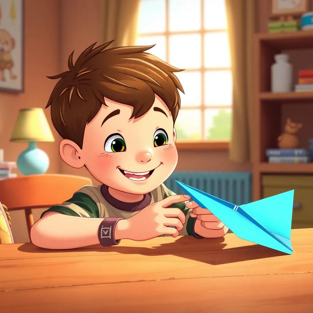 A cheerful boy named Tommy, with short brown hair and a big smile, carefully folding a bright blue paper airplane at a wooden table, cozy room, warm light, playful atmosphere, detailed illustration, child-friendly