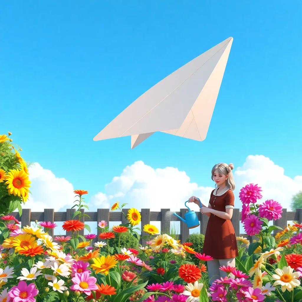 The bright blue paper airplane soaring in the sky above a colorful garden with blooming flowers, Mrs. Jenkins watering plants below, cheerful and inviting ambiance, digital art, clear blue sky
