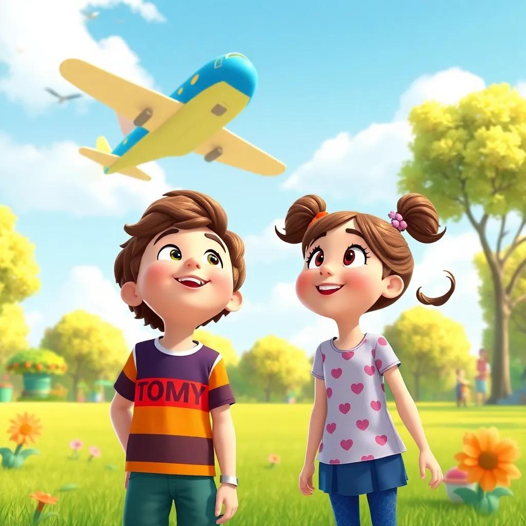 Tommy's friends Max and Lily, a boy with curly hair and a girl with pigtails, looking up excitedly at the bright blue airplane flying above them in a lively park, bright colors, playful scene, illustration, happy mood