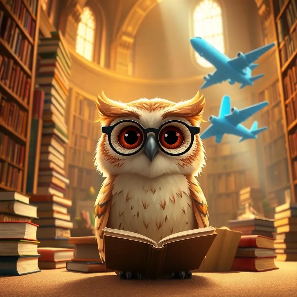 A wise old owl named Oliver, wearing tiny glasses and sitting amid towering books in a grand library, the bright blue airplane flying in, warm golden light, inviting environment, detailed art, educational theme