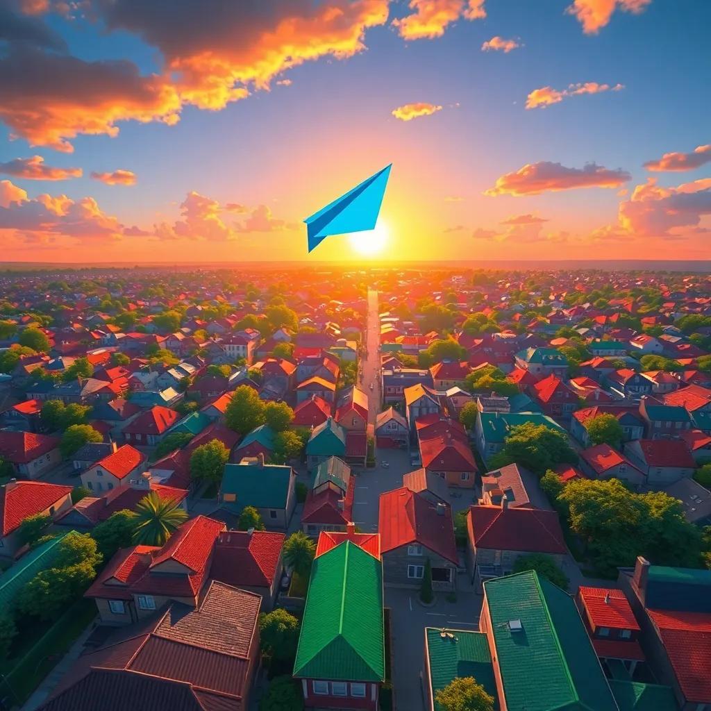 A bird's-eye view of the town with colorful rooftops under a bright sunset, the bright blue paper airplane soaring above, a mix of greens and browns, vibrant coloring, imaginative and uplifting scene, digital painting