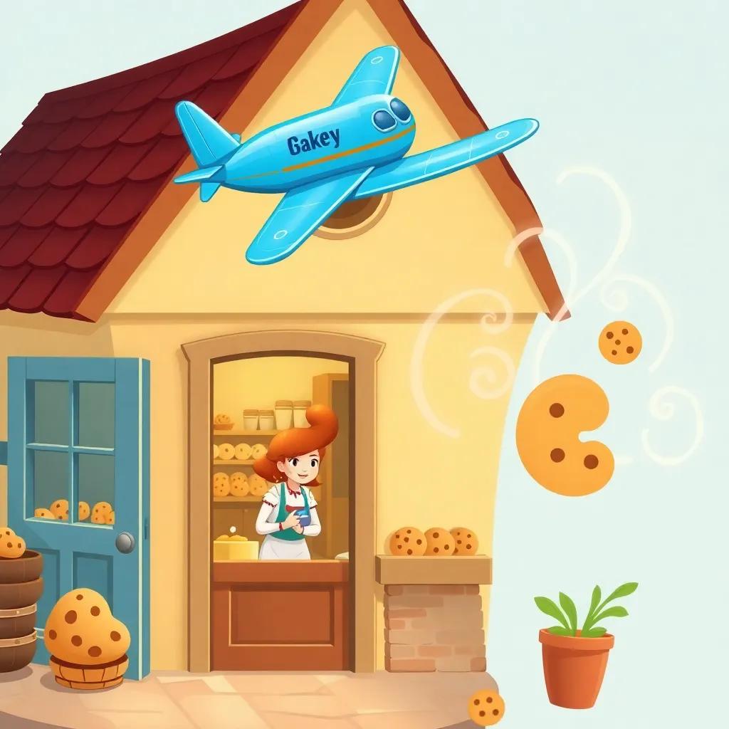 The bright blue airplane gliding over a quaint bakery with a friendly woman inside baking, the delicious smell of cookies visualized with cartoonish swirls, warm atmosphere, inviting and sweet illustration, child-safe