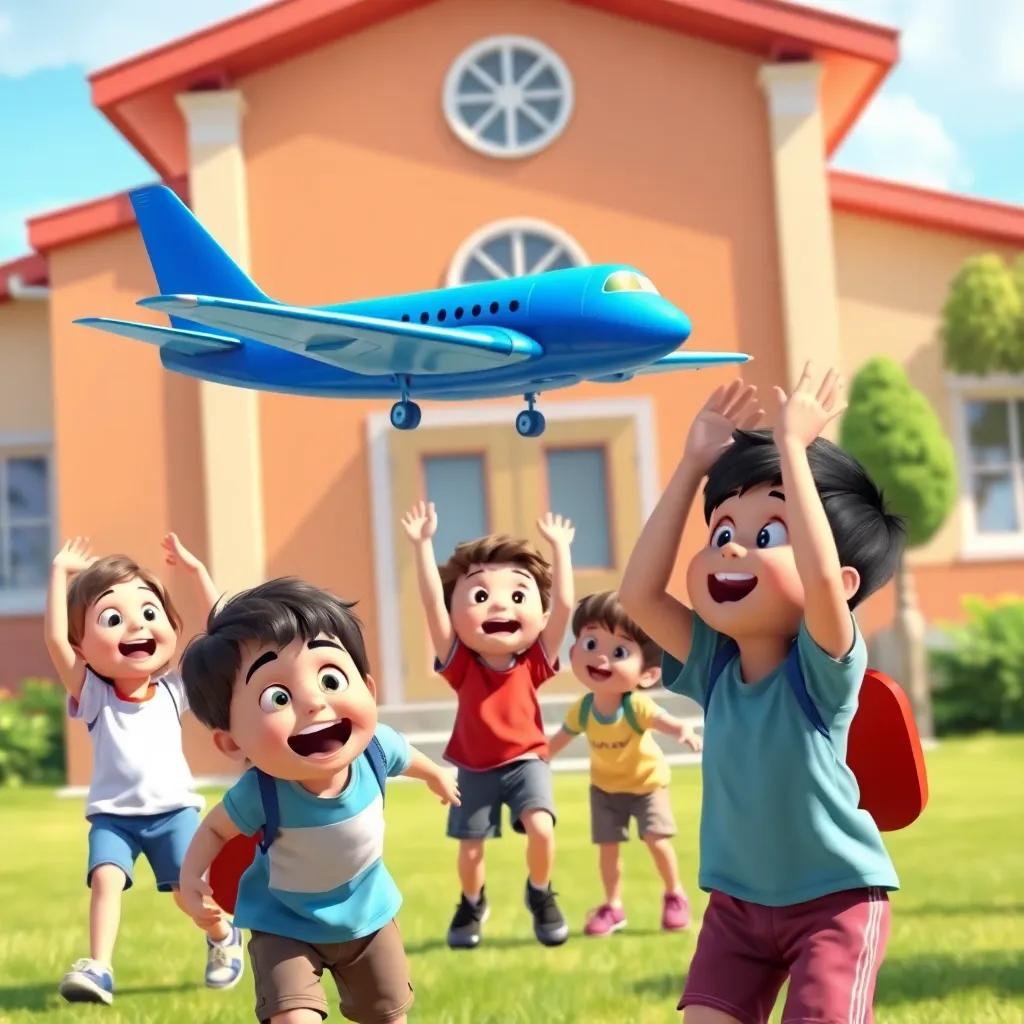 Children playing games outside a school, smiling and cheering for Tommy as the blue airplane flies above, bright colors, joyful and energetic environment, digital art, engaging