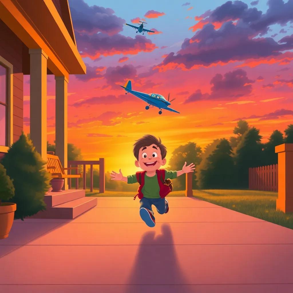 Tommy running excitedly toward his porch at sunset, with the vivid sky painting the scene in oranges and purples, the blue airplane gently landing on the porch, heartwarming vibe, cozy illustration