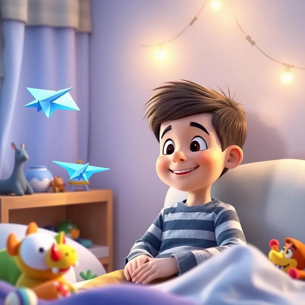 A cozy bedroom with Tommy smiling at his bright blue paper airplane on a shelf, soft lighting and colorful toys around, gentle bedtime atmosphere, imaginative and relatable, digital art