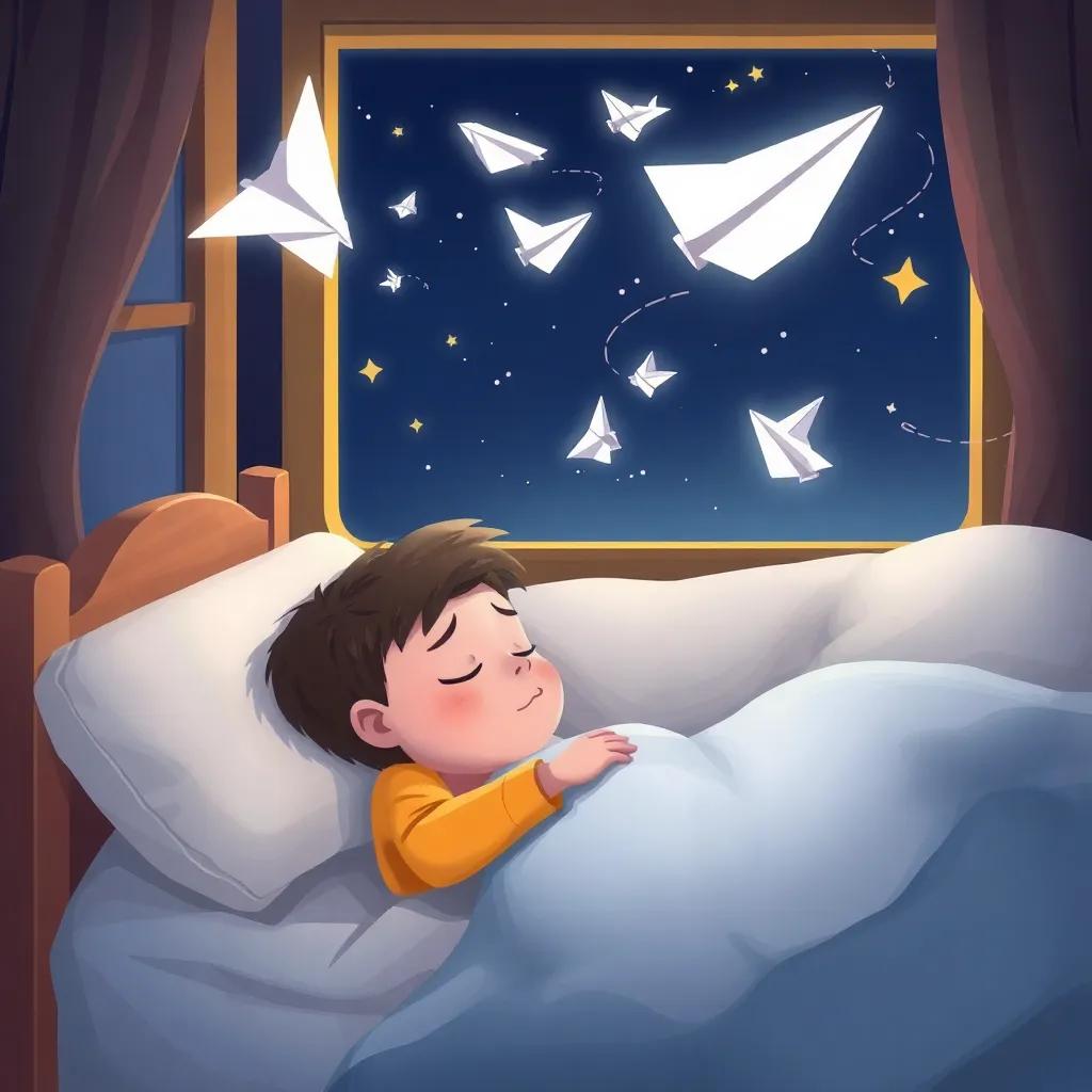 Tommy sleeping peacefully in bed with dreams of new paper airplanes swirling in his mind, cozy night scene with stars outside his window, warm colors, soothing ambiance, child-friendly illustration