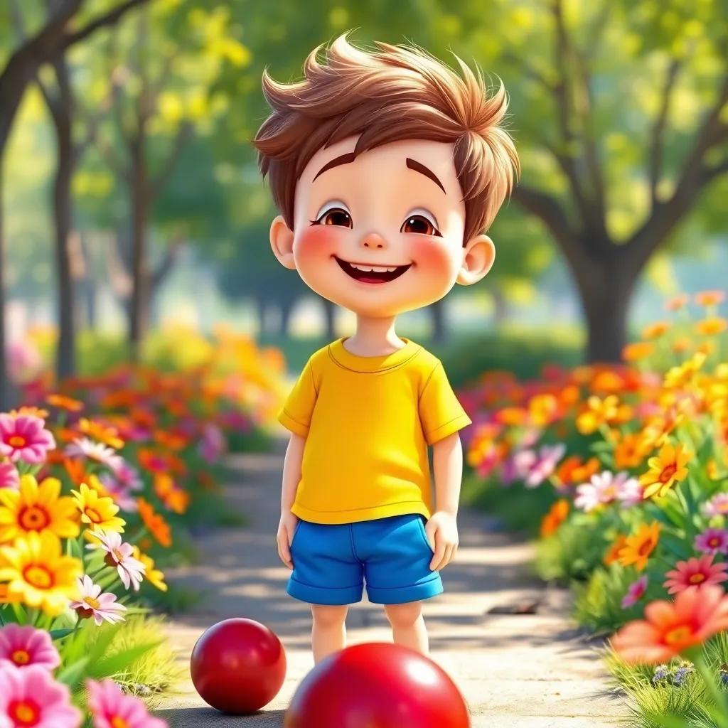 A cheerful boy, Timmy, around 8 years old, wearing a bright yellow t-shirt and blue shorts, standing in a sunny park with a shiny red ball at his feet, colorful flowers around, digital art, bright colors, joyful atmosphere, warm light, high quality