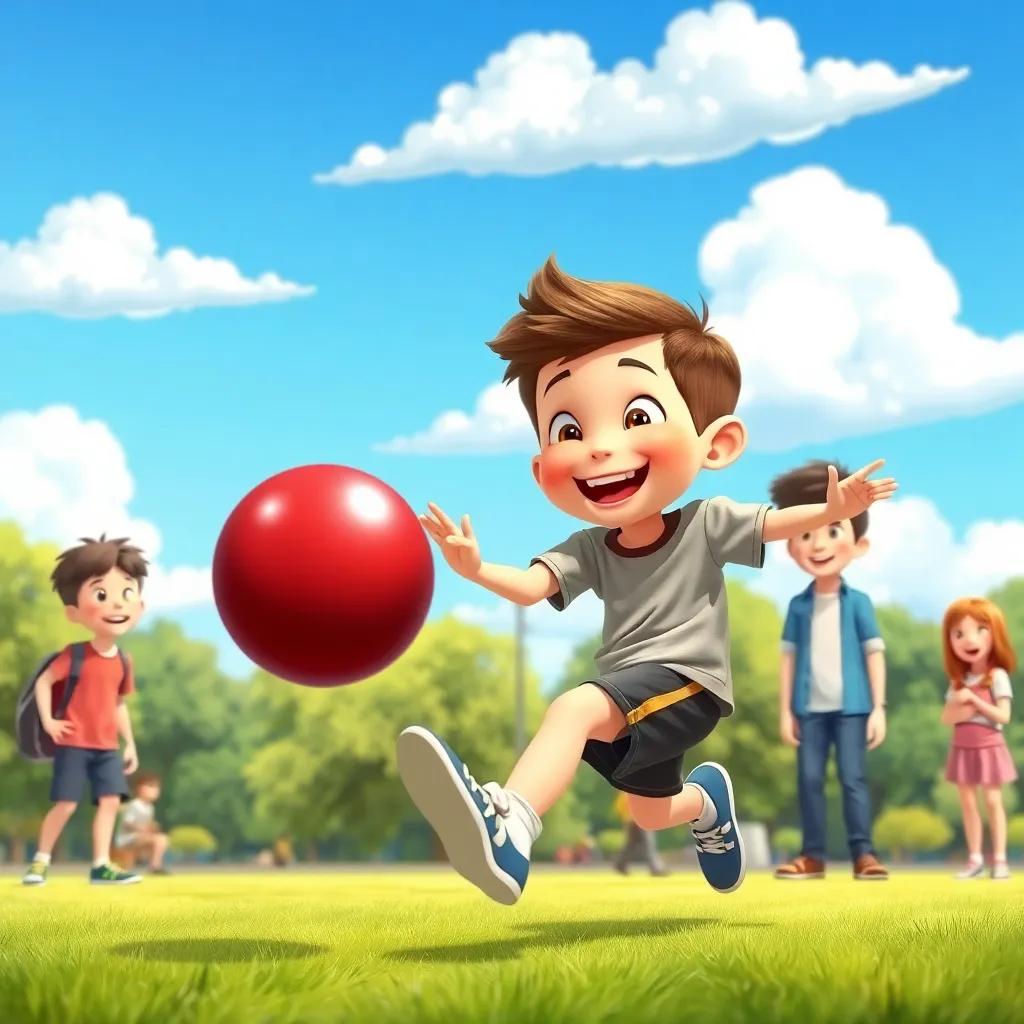 Timmy, a cheerful boy of 8 years old, kicking a shiny red ball in the park, friends watching with excitement, blue sky and fluffy white clouds above, illustration, vibrant, action-filled scene, child-friendly