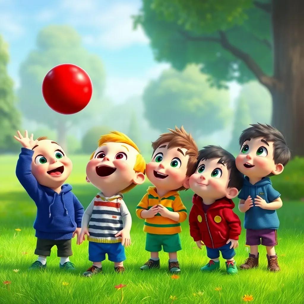 Timmy and his friends looking in awe at the flying red ball, with big smiles on their faces, wearing colorful clothes, park background with green grass and trees, digital painting, magical atmosphere, cheerful vibes, family-friendly