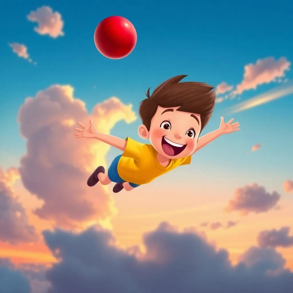 Timmy, soaring in the sky with the red ball, clouds around him, looking happy and free, wearing a bright yellow t-shirt and blue shorts, with the sunset colors in the background, illustration, bright colors, uplifting scene, child-friendly