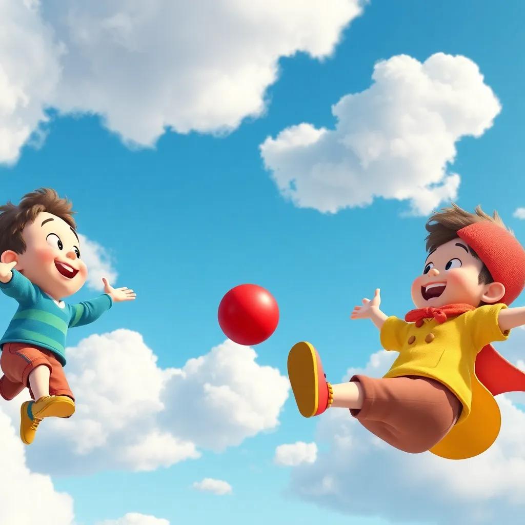 Timmy and friends floating in the sky, playing games and laughing, colorful clothing, under a sky filled with fluffy clouds, magical red ball bouncing between them, cheerful atmosphere, digital art, playful, high-quality