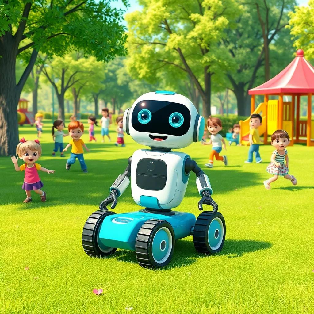 Timmy the robot, rolling through a park filled with happy children playing, green grass and colorful playground equipment, bright and sunny day, illustration, vibrant colors, playful mood