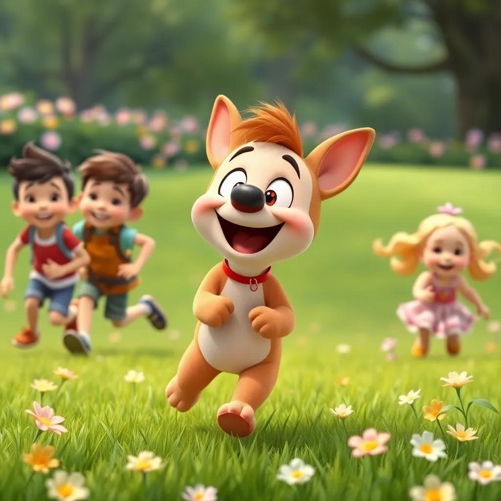 Timmy, playing tag with kids on the grass, having a cheerful expression, kids laughing and running, flowers blooming around, cartoon style, joyful atmosphere, detailed