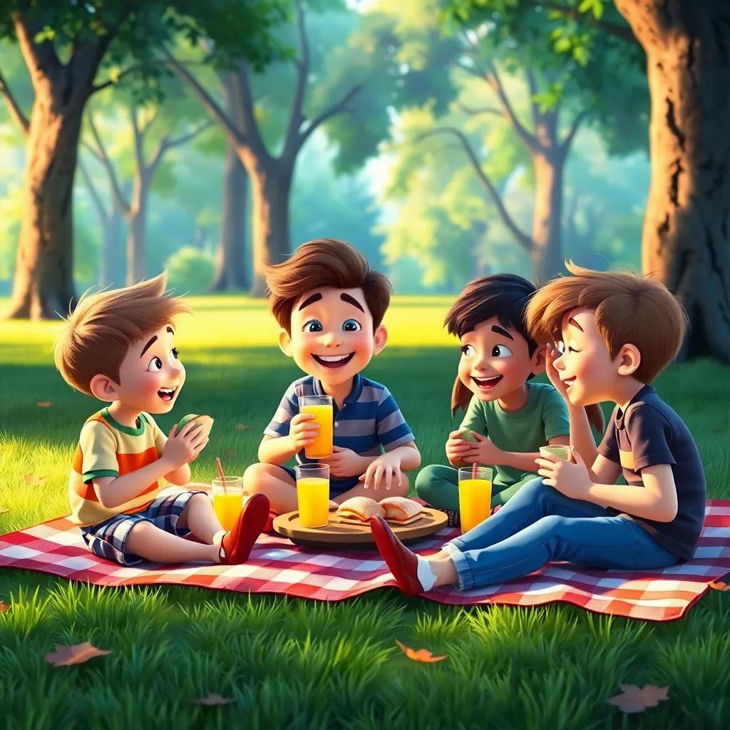 Timmy and kids sitting on a picnic blanket sharing lunch with sandwiches and juice, laughing and telling stories, surrounded by trees in the park, colorful, warm light, friendly vibe