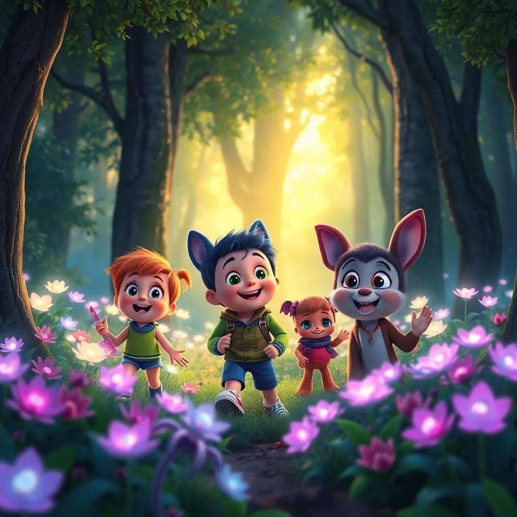 Timmy and friends exploring an enchanted forest with glowing flowers, magical light shining through the trees, happy expressions, enchanting scene, colorful, immersive