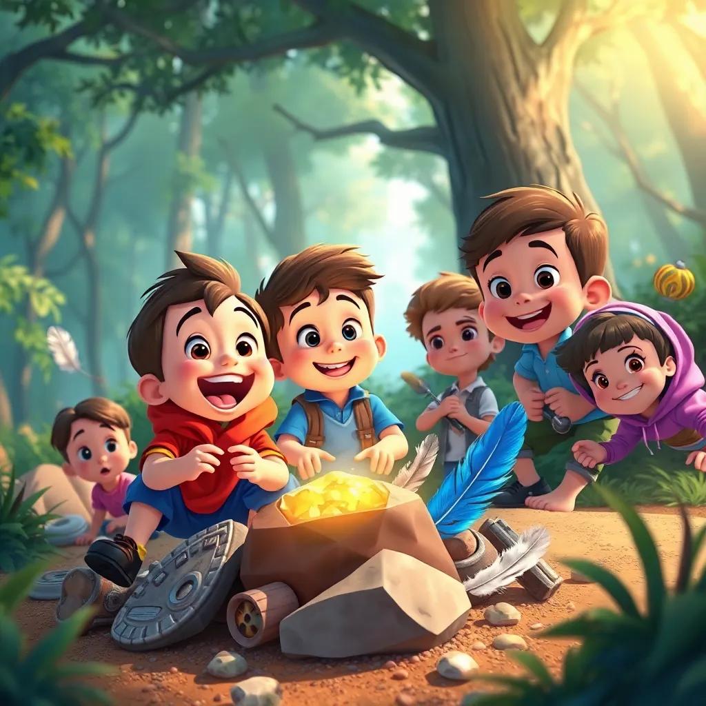 Timmy and kids on a treasure hunt, discovering shiny rocks and feathers, excitement on their faces, forest backdrop, lively illustration, rich colors, joyous adventure