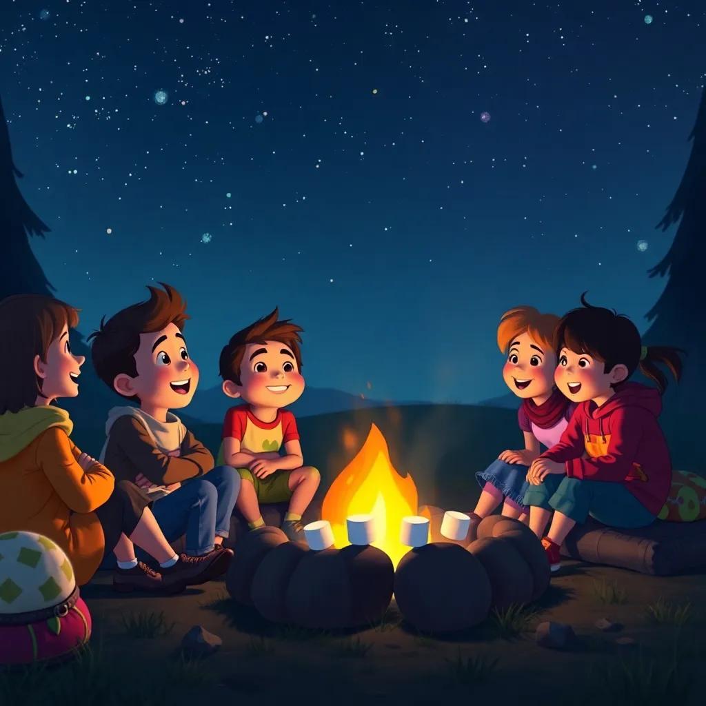 Timmy with friends sitting around a campfire, roasting marshmallows under a starry night, friends laughing and singing together, cozy, magical atmosphere, warm colors, uplifting