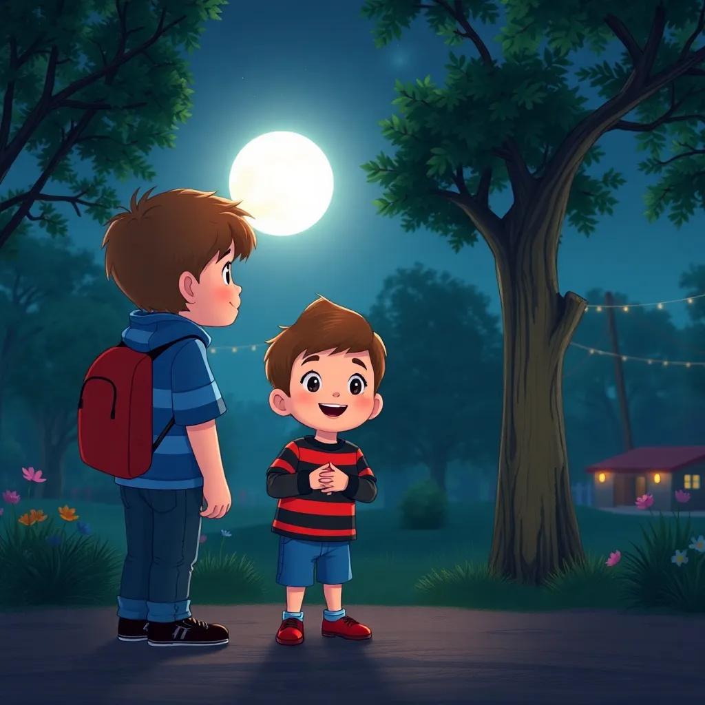 Timmy saying goodbye to friends as night falls, moonlight shining on happy faces, promises of more adventures in the park, heartwarming illustration, soft lighting, nostalgic atmosphere