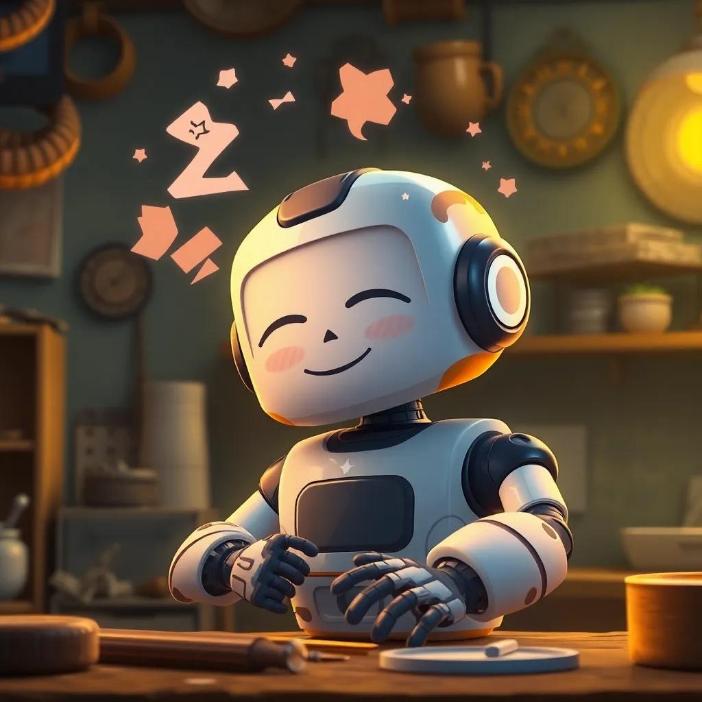 Timmy, the cheerful robot, asleep in his workshop, with dreams of adventures and laughter in his mind, warm light glowing around him, peaceful digital art, cozy, serene