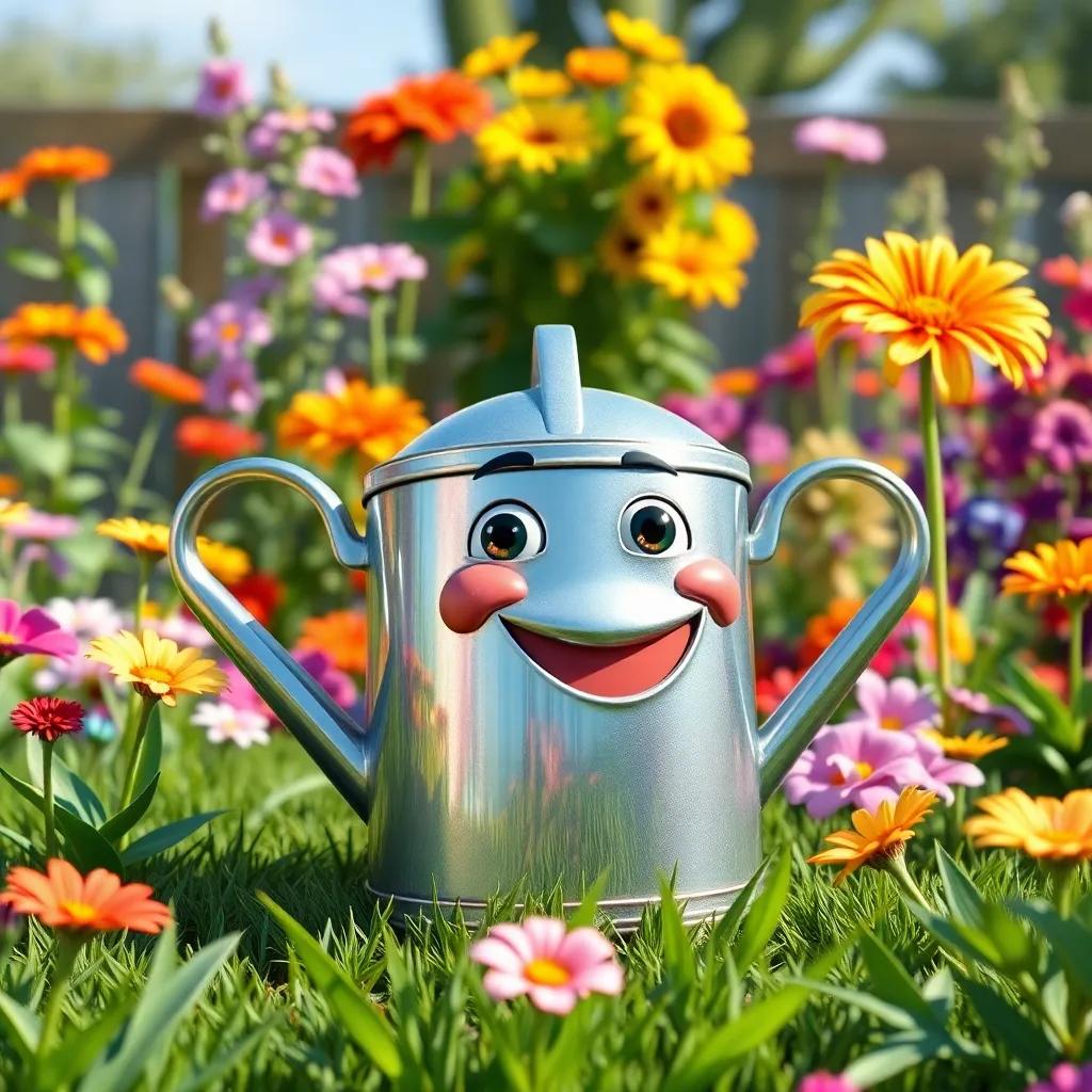 A shiny watering can named Wally, with a happy face, sitting in a green garden surrounded by colorful flowers and plants, bright sunny day, cheerful atmosphere, vibrant colors, high quality