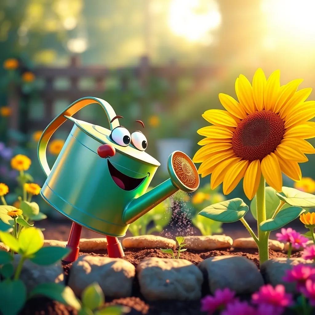 Wally the watering can, joyfully watering seeds in the garden, Sid the sunflower smiling tall beside him, soft sunlight shining down, magical garden feel, digital art, colorful and bright
