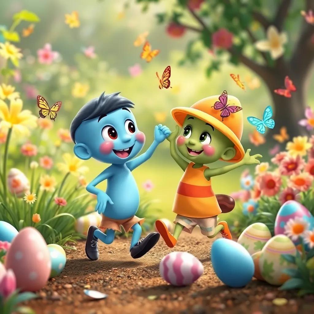 Wally and Sid dancing together in the garden, surrounded by Easter eggs and butterflies, cheerful and playful vibe, detailed illustration, color-rich setting, high quality