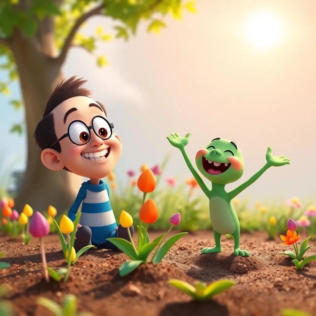 Wally looking delighted as colorful buds poke out of the soil, Sid cheering next to him under the sun, bright garden and joyful mood, playful and inviting artwork, quality digital painting