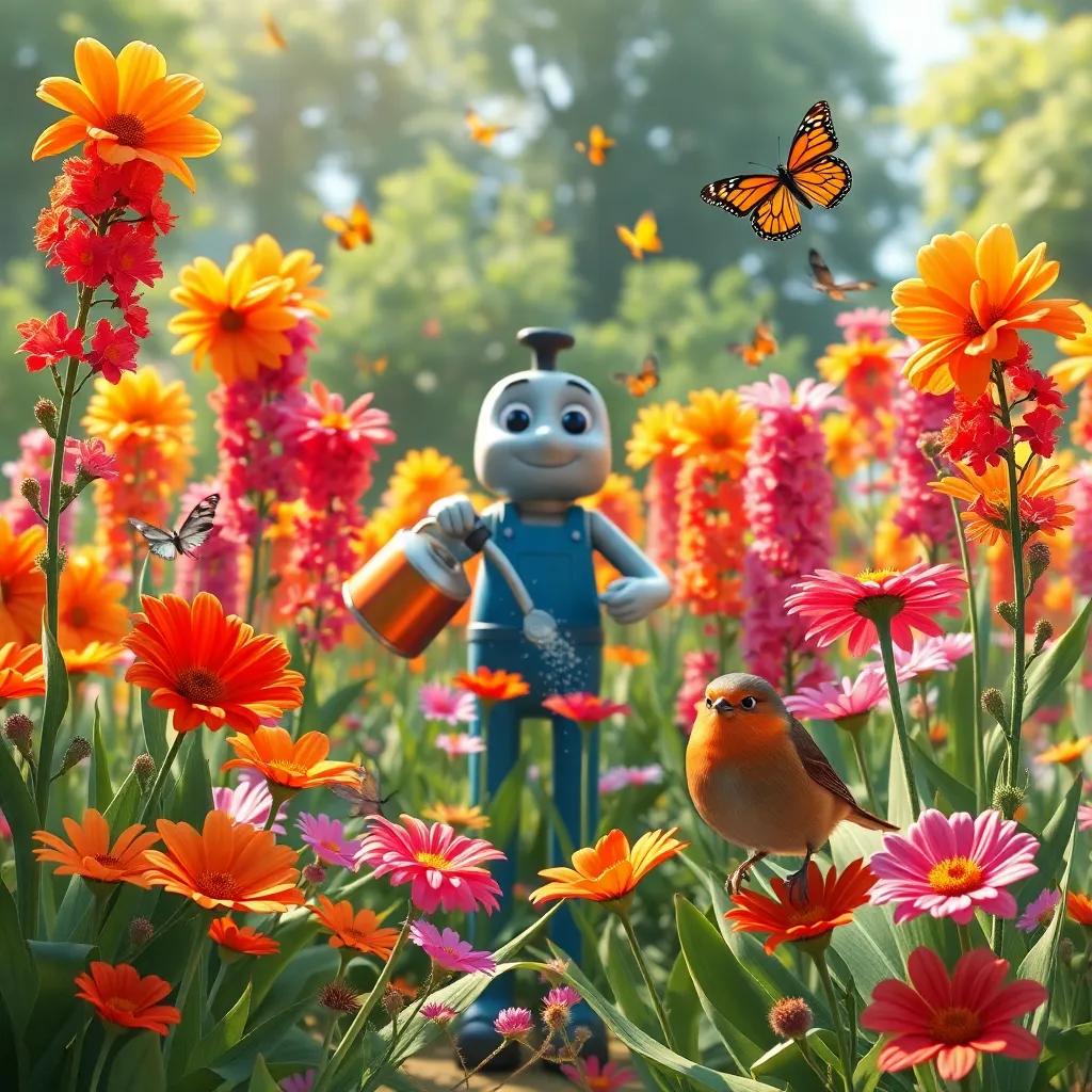 A beautiful garden full of tall bright flowers, Wally watering, butterflies fluttering around, and a little robin perched nearby singing, cheerful atmosphere, colorful and lively scene, high quality