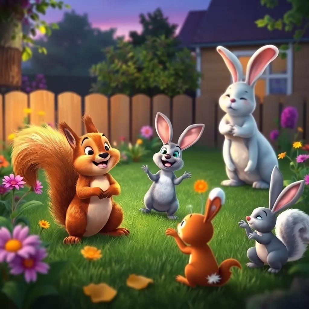 A joyful scene of squirrels and bunnies playing in the garden, Wally and Sid looking proudly at the joyful antics, twilight setting, colorful surroundings, child-friendly whimsical art, quality
