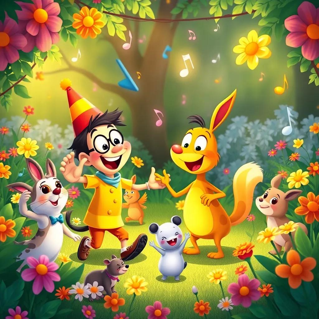 Wally and Sid throwing a garden party, surrounded by happy animals dancing, music notes floating around, bright flowers all around, celebration vibe, colorful illustration, high quality