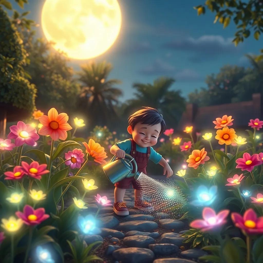Wally watering the glowing garden under the moonlight, flowers shining like jewels, a peaceful evening scene, fantasy art with a happily-ever-after feel, high quality