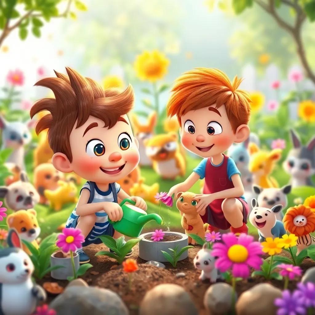 Wally and Sid in the garden, planting and watering flowers, surrounded by all kinds of animals happily coexisting, bright day in paradise, joyful gathering, child-friendly art, quality
