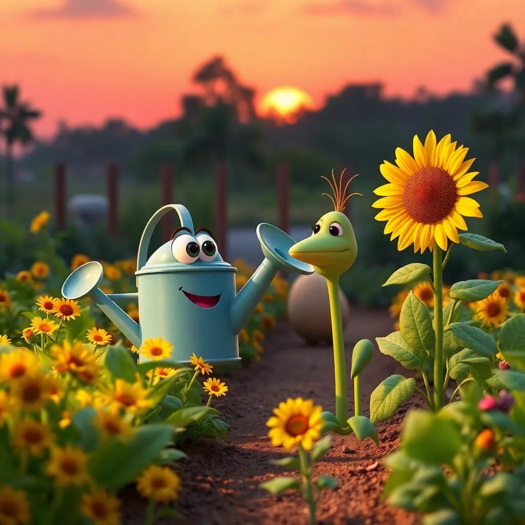 Wally the watering can and Sid the sunflower looking proud as they admire their flourishing garden, surrounded by happy animals at sunset, warm atmosphere, colorful and inviting, high quality