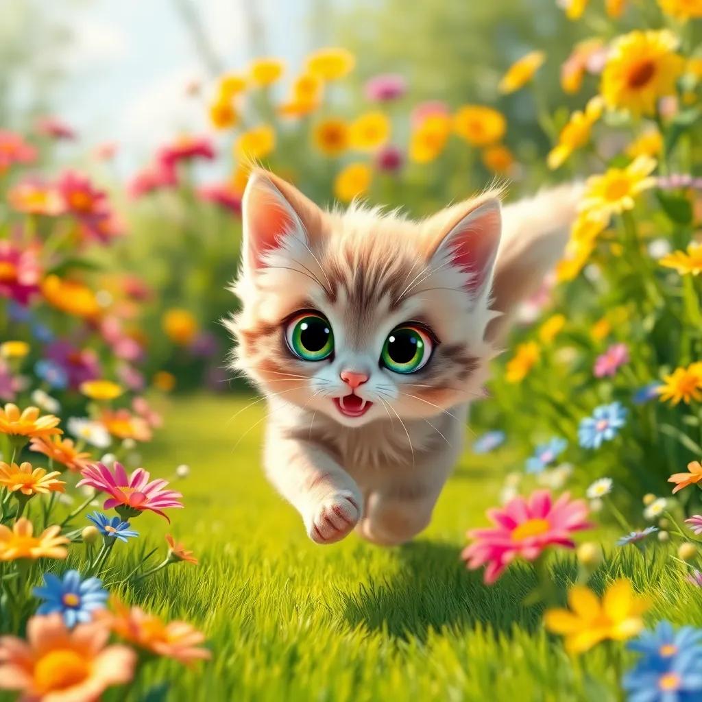 A fluffy kitty cat, Whiskers, with big, bright green eyes, running in a sunny garden filled with colorful flowers, digital art, vibrant colors, cheerful atmosphere, high quality