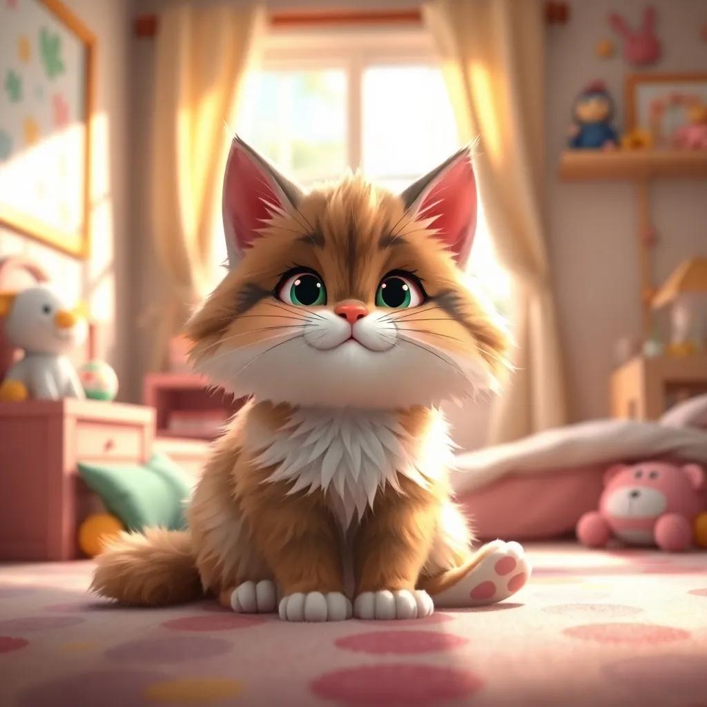 A fluffy kitty cat named Whiskers, waking up in a cozy bedroom with soft sunlight streaming in, decorated with colorful toys, cheerful, bright colors, warm atmosphere, high quality