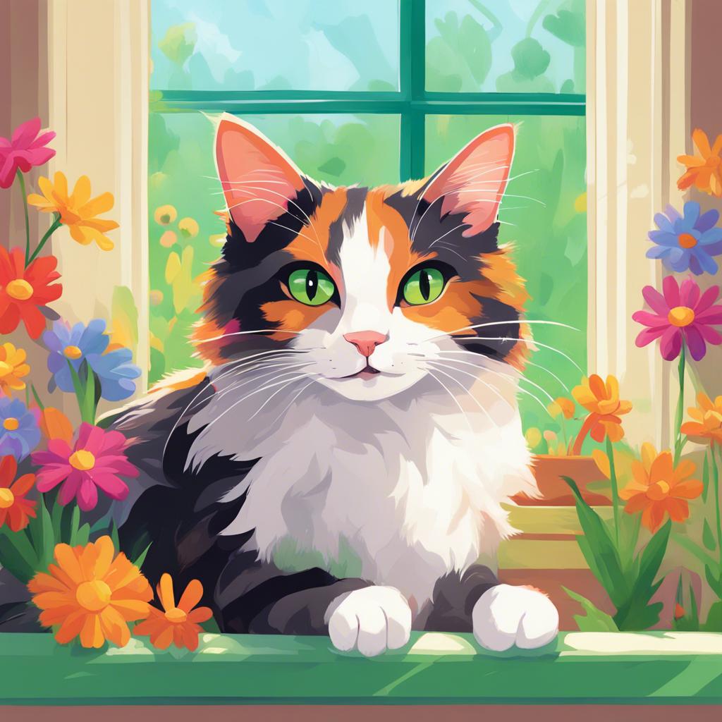 A fluffy calico cat named Whiskers with bright green eyes, sitting on a sunny window sill, her paws stretched out playfully, a garden full of colorful flowers in the background, digital art, vibrant colors, cheerful atmosphere, high quality