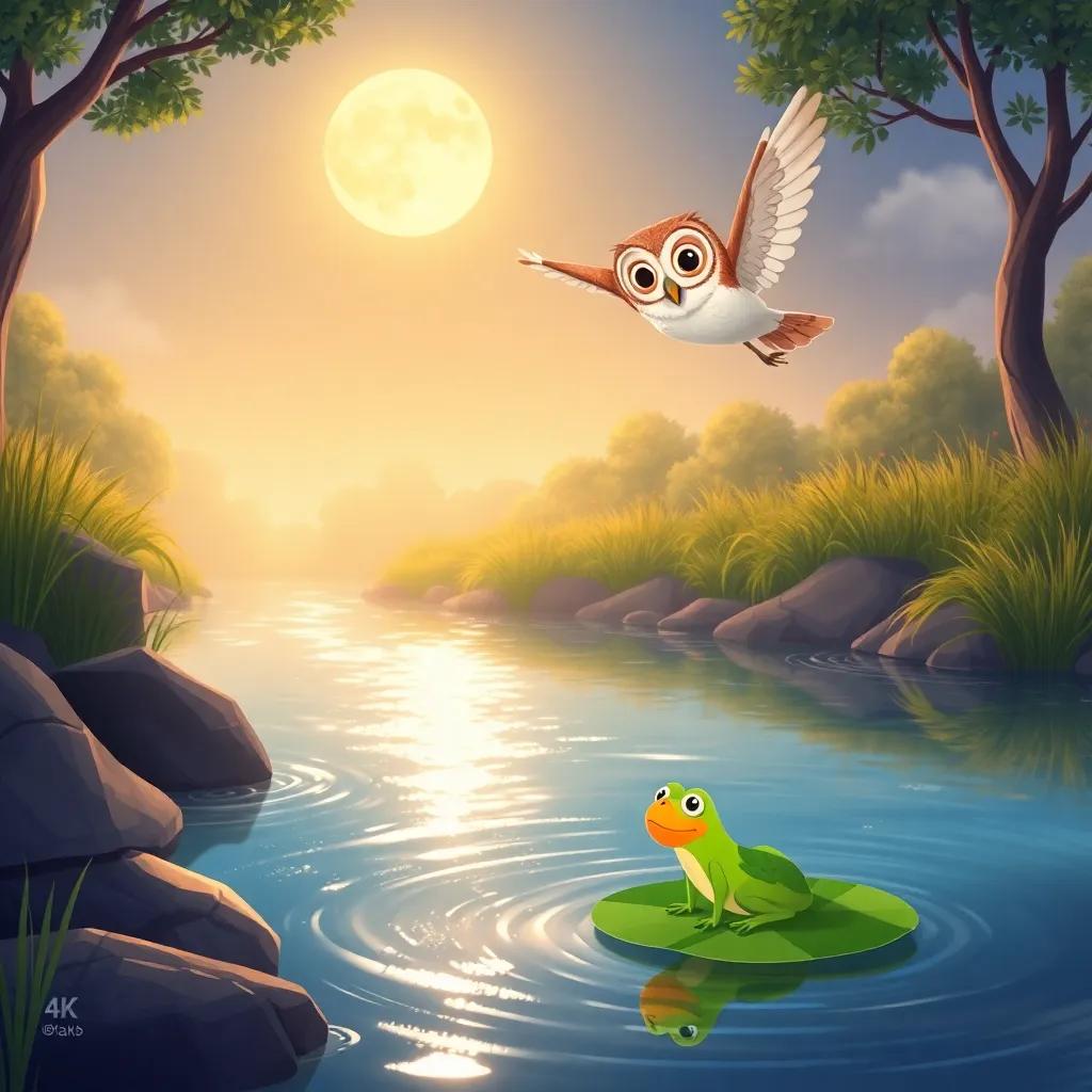 A charming riverbank with glistening water, Willa the owl flying gracefully toward a little frog named Freddy stuck on a lily pad, moonlight reflecting on water, child-friendly illustration, clear details, warmth in colors, serene scene