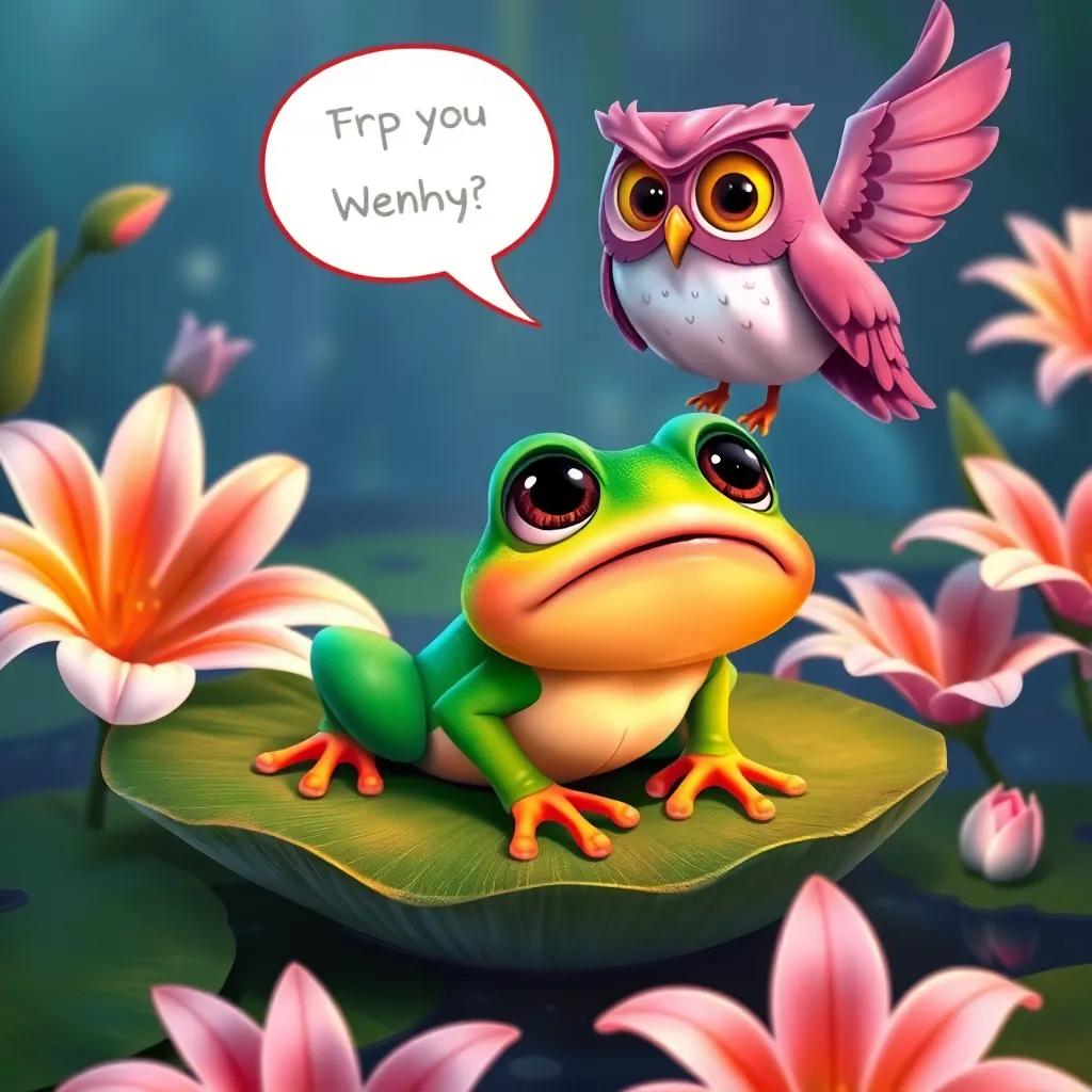 A worried little frog, Freddy, on a lily pad, with big eyes, surrounded by blooming lilies, looking up at Willa the owl who is offering help, vibrant colors, imaginative art, engaging details, playful