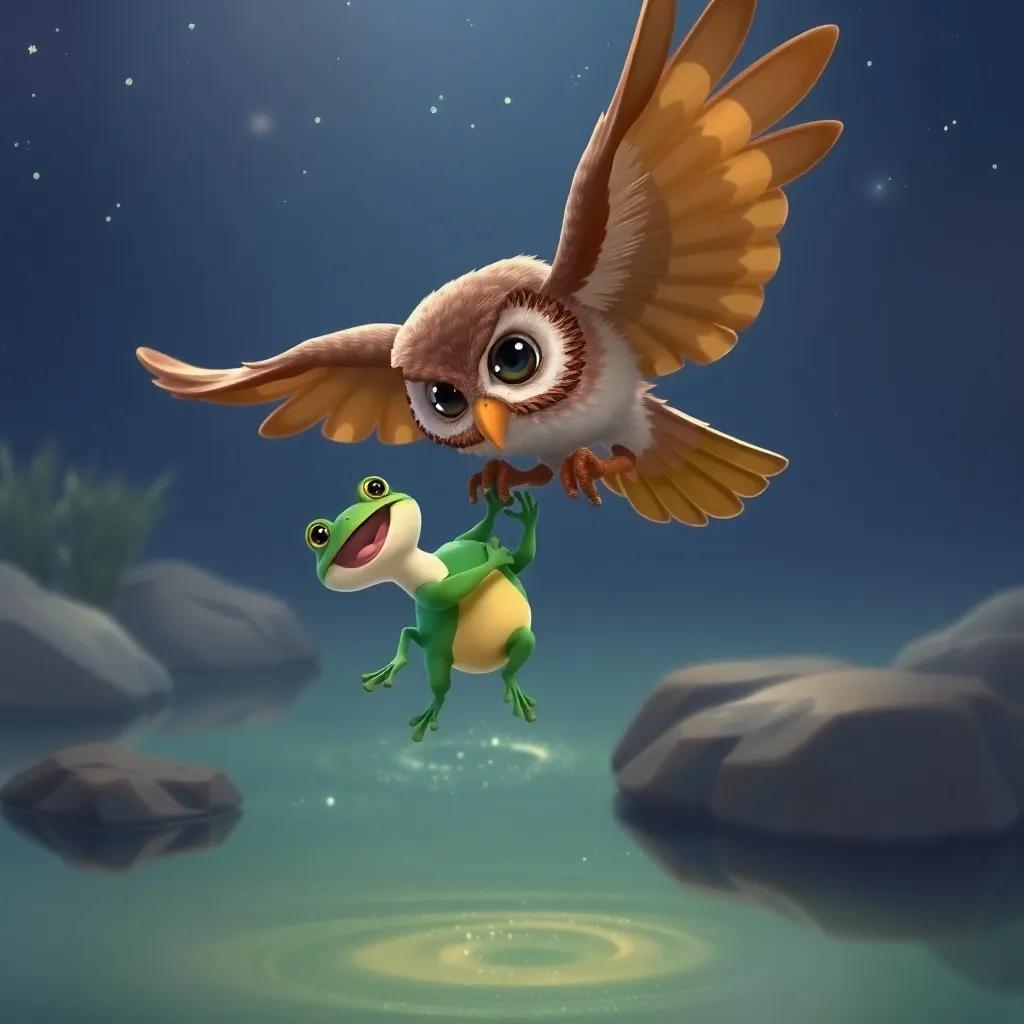 Willa the owl gently lifting Freddy the frog with her strong claws, flying above a tranquil river, starlight sparkling on the surface below, dynamic composition, rich colors, friendly atmosphere, whimsical