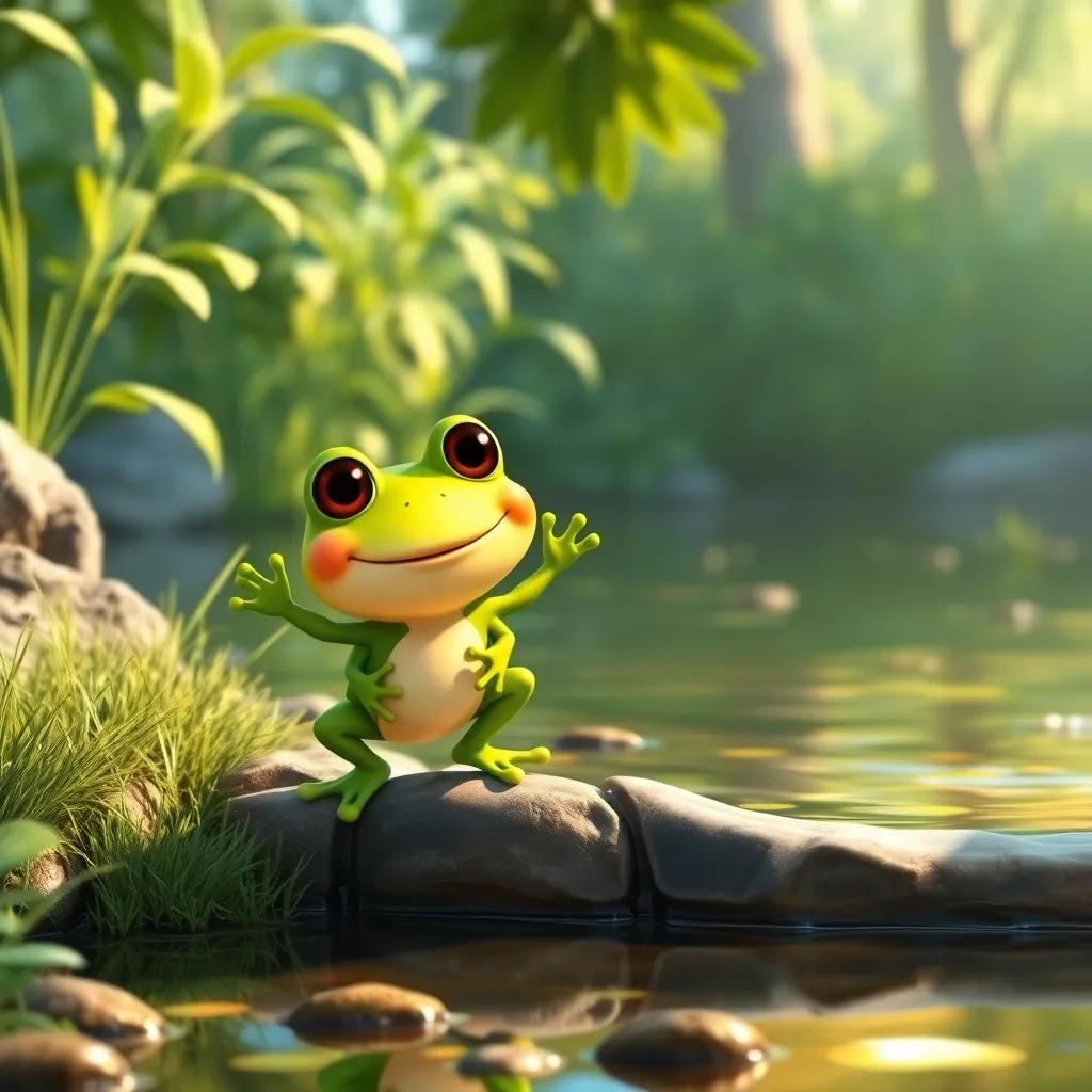 Freddy, a cheerful little frog, safely placed on the riverbank, hopping away with a big smile while Willa looks on with pride, surrounded by lush greenery, bright and sunny colors, joyful scene, heartwarming