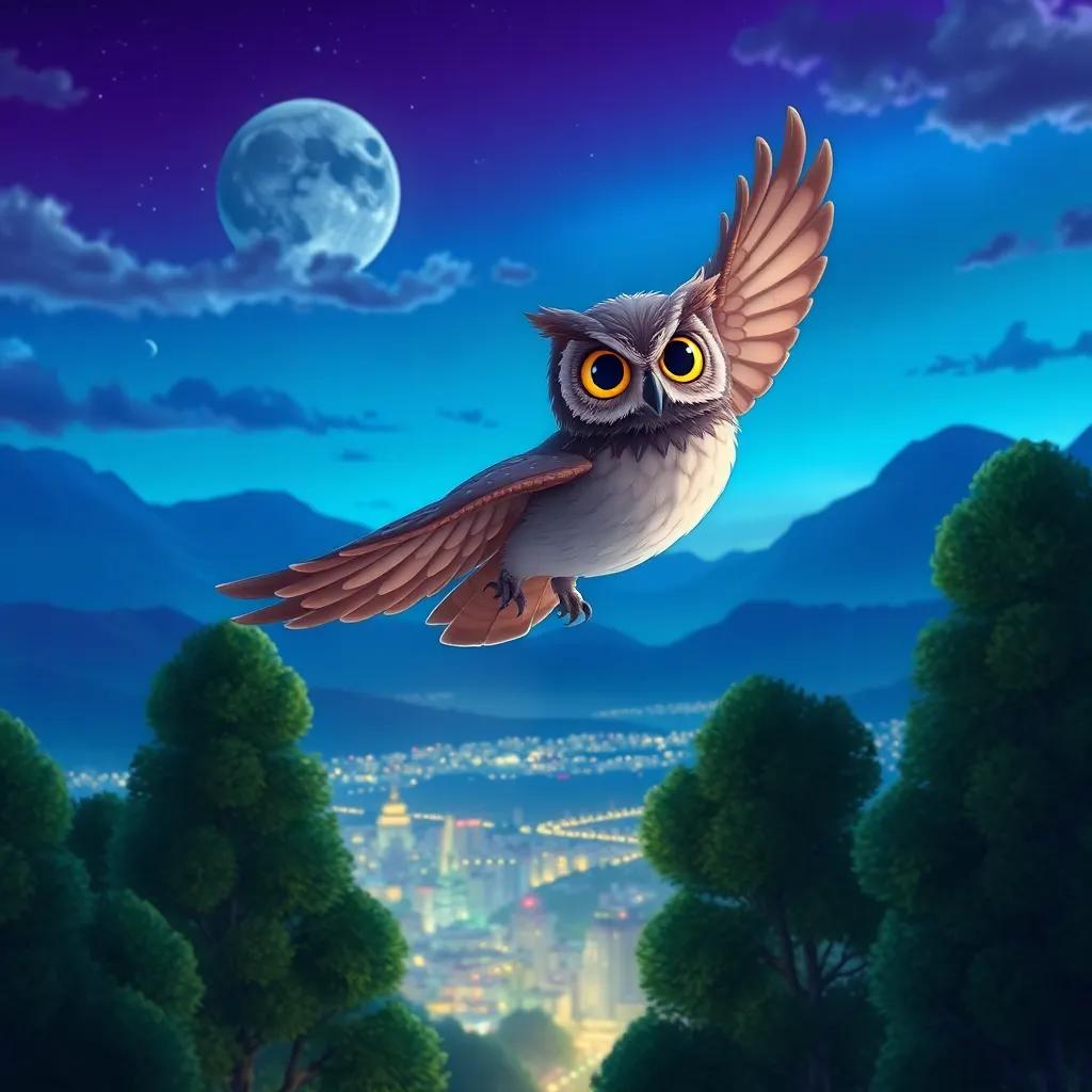 Willa the owl soaring with a sense of pride above the trees, city lights twinkling below, the night sky filled with shades of blue and purple, beautiful fantasy landscape, vibrant colors, charming