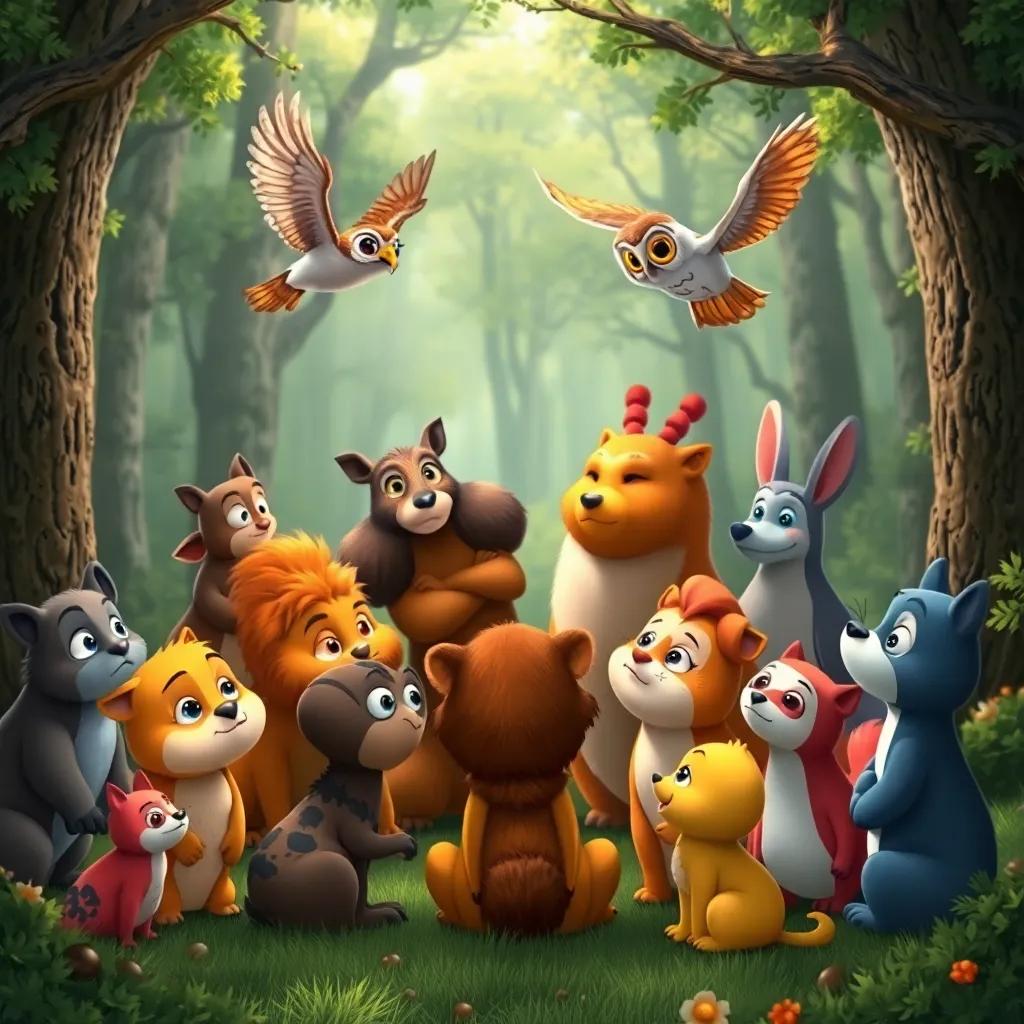 A gathering of various forest animals looking worried in a circle, with Willa the owl flying close, and a backdrop of enchanted woods, digital illustration, engaging, colorful characters, inviting scene