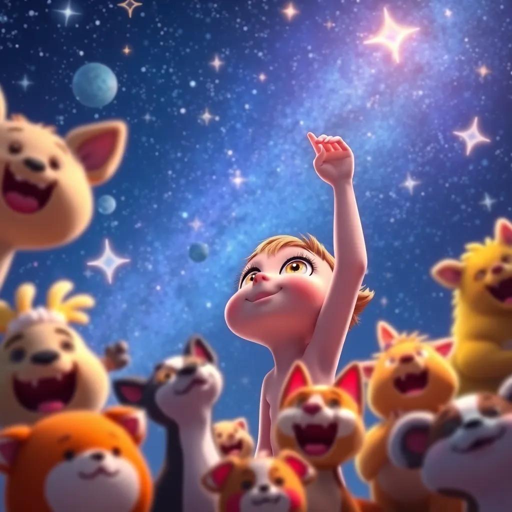 Willa with her bright eyes scanning the night sky from above, surrounded by twinkling stars and a group of excited animals, energized scene, captivating colors, joyful atmosphere, enchanting